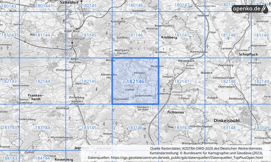 Übersichtskarte des KOSTRA-DWD-2020-Rasterfeldes Nr. 182146