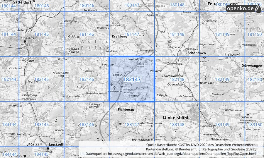 Übersichtskarte des KOSTRA-DWD-2020-Rasterfeldes Nr. 182147