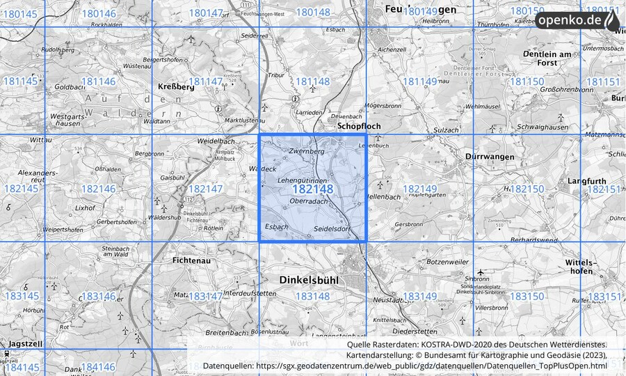 Übersichtskarte des KOSTRA-DWD-2020-Rasterfeldes Nr. 182148