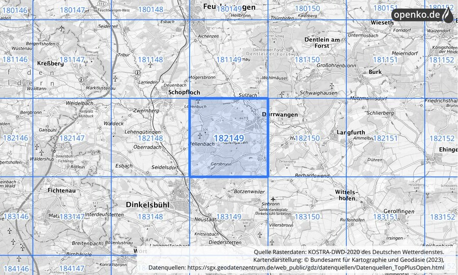 Übersichtskarte des KOSTRA-DWD-2020-Rasterfeldes Nr. 182149