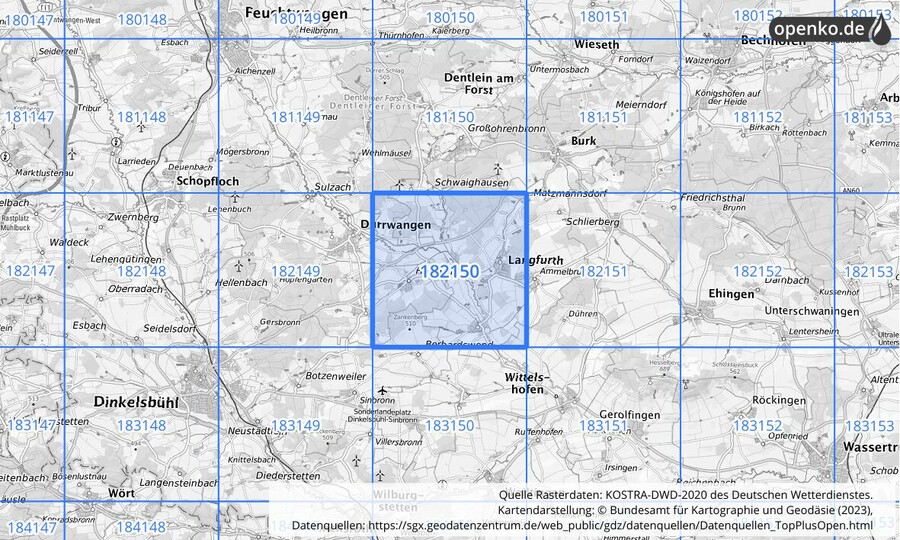 Übersichtskarte des KOSTRA-DWD-2020-Rasterfeldes Nr. 182150