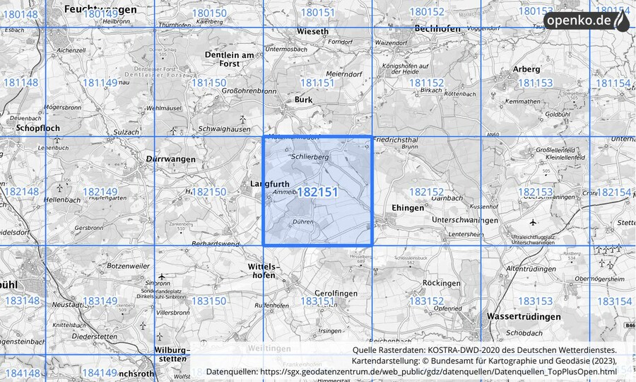 Übersichtskarte des KOSTRA-DWD-2020-Rasterfeldes Nr. 182151