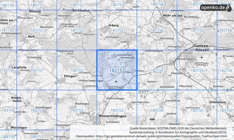 Übersichtskarte des KOSTRA-DWD-2020-Rasterfeldes Nr. 182153