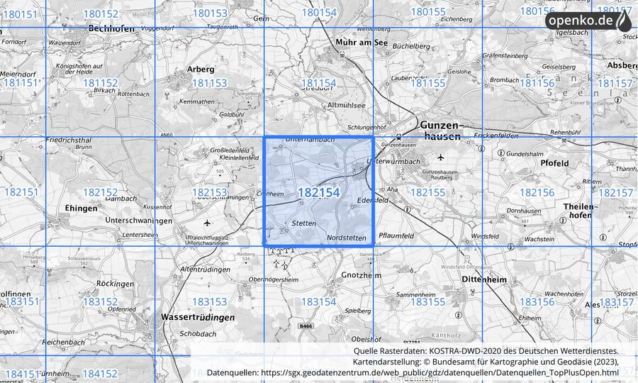 Übersichtskarte des KOSTRA-DWD-2020-Rasterfeldes Nr. 182154