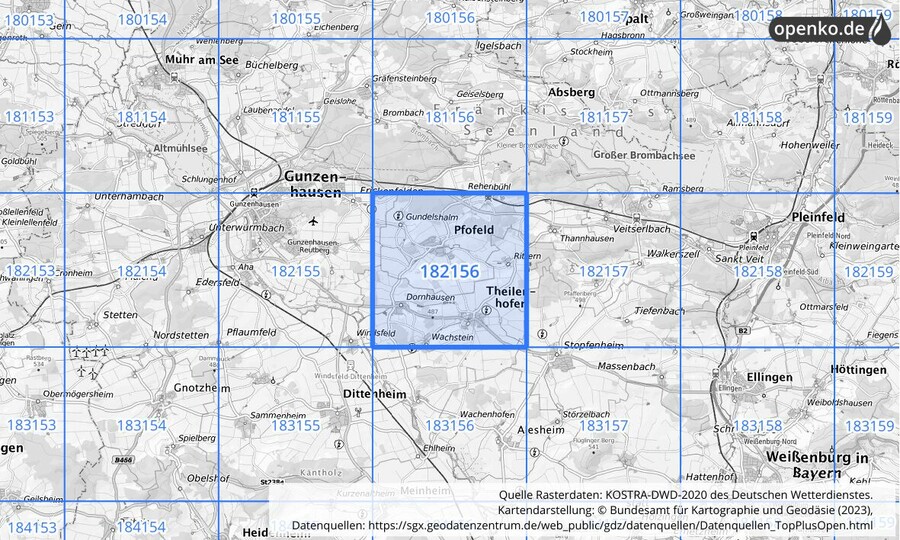 Übersichtskarte des KOSTRA-DWD-2020-Rasterfeldes Nr. 182156