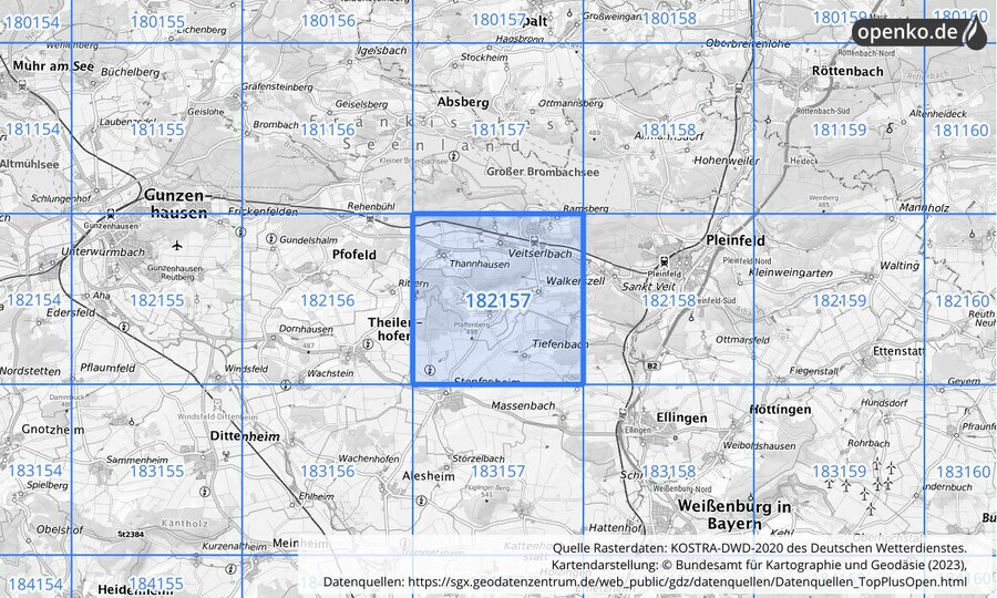 Übersichtskarte des KOSTRA-DWD-2020-Rasterfeldes Nr. 182157