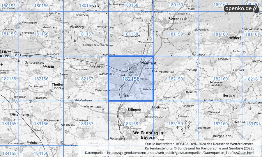 Übersichtskarte des KOSTRA-DWD-2020-Rasterfeldes Nr. 182158