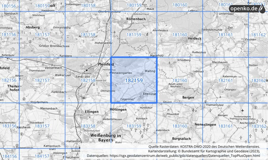 Übersichtskarte des KOSTRA-DWD-2020-Rasterfeldes Nr. 182159