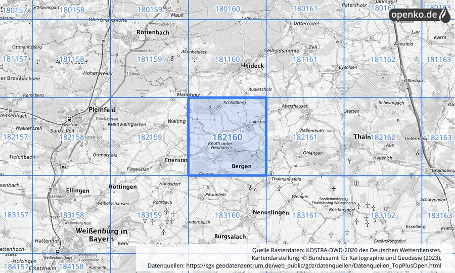 Übersichtskarte des KOSTRA-DWD-2020-Rasterfeldes Nr. 182160