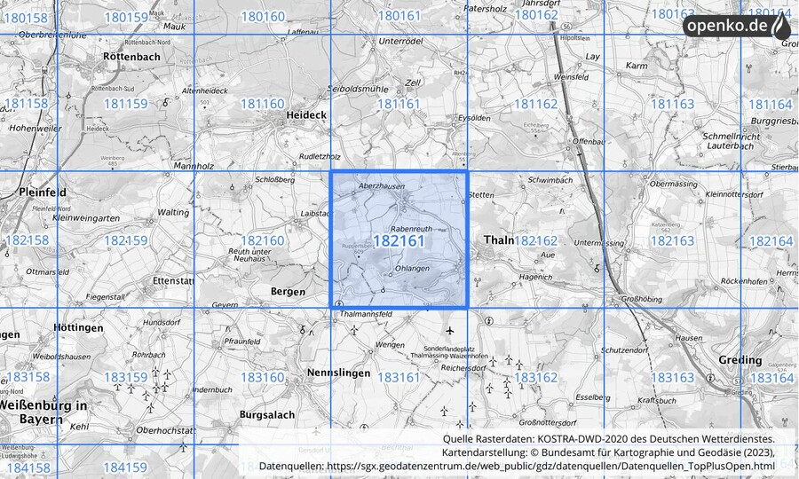 Übersichtskarte des KOSTRA-DWD-2020-Rasterfeldes Nr. 182161