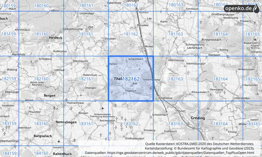 Übersichtskarte des KOSTRA-DWD-2020-Rasterfeldes Nr. 182162