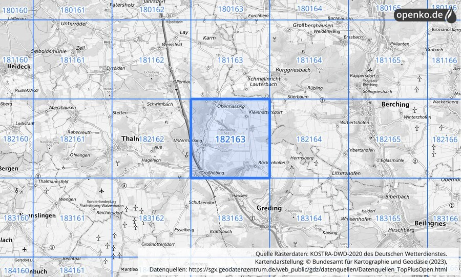 Übersichtskarte des KOSTRA-DWD-2020-Rasterfeldes Nr. 182163