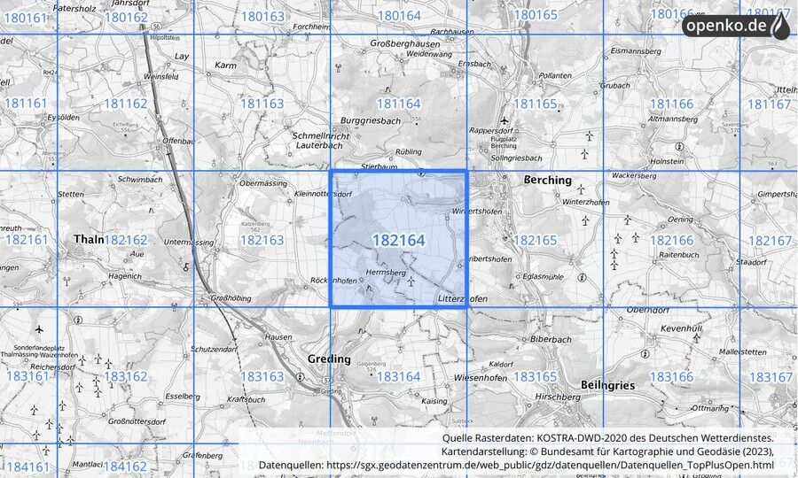 Übersichtskarte des KOSTRA-DWD-2020-Rasterfeldes Nr. 182164