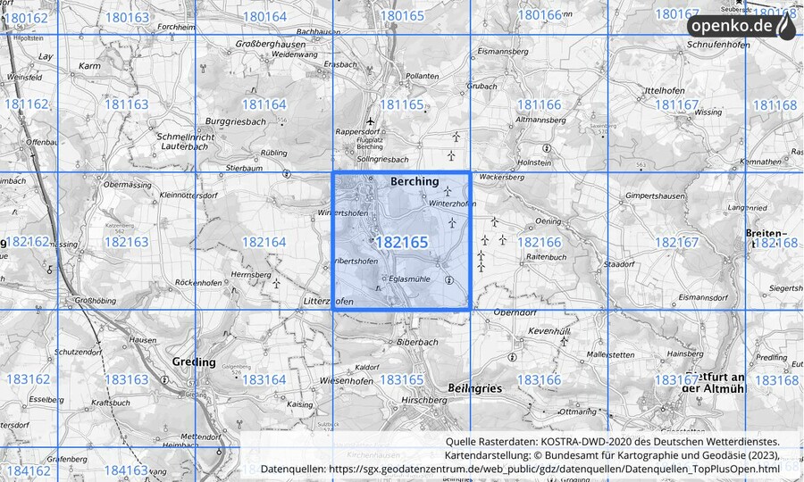 Übersichtskarte des KOSTRA-DWD-2020-Rasterfeldes Nr. 182165