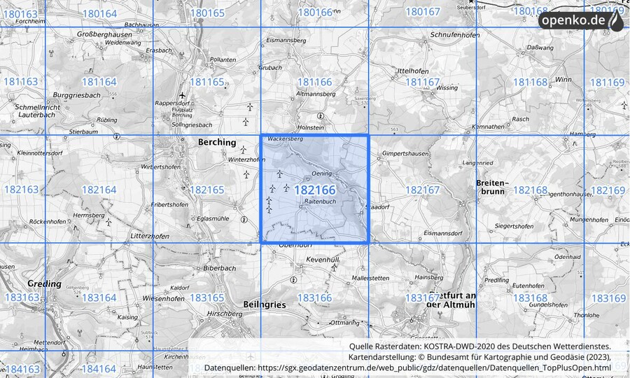 Übersichtskarte des KOSTRA-DWD-2020-Rasterfeldes Nr. 182166