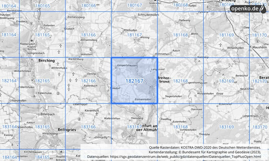 Übersichtskarte des KOSTRA-DWD-2020-Rasterfeldes Nr. 182167