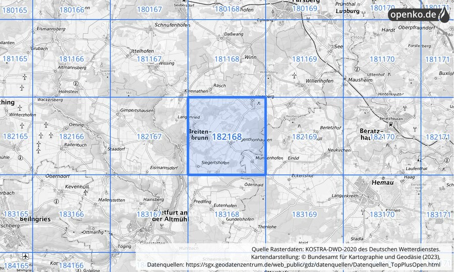 Übersichtskarte des KOSTRA-DWD-2020-Rasterfeldes Nr. 182168