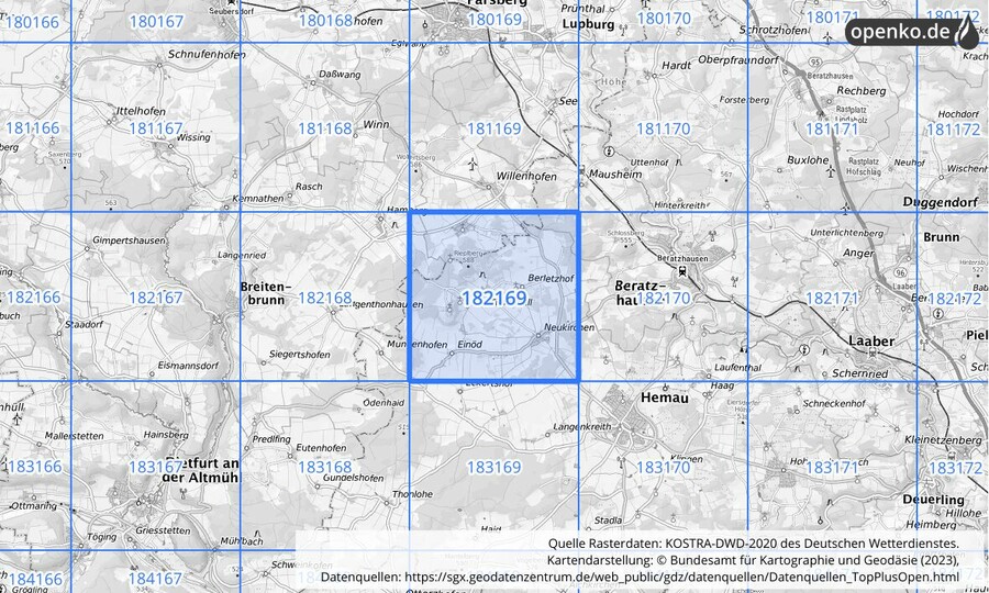 Übersichtskarte des KOSTRA-DWD-2020-Rasterfeldes Nr. 182169