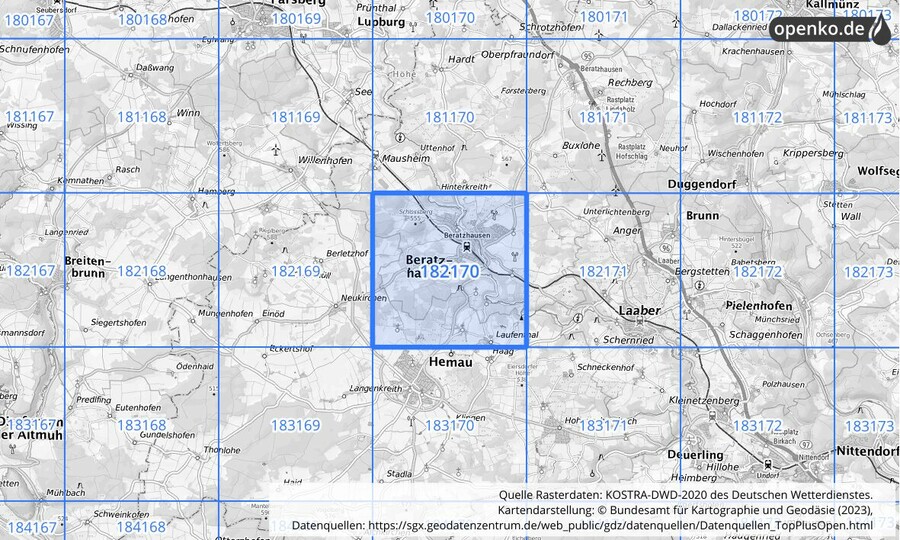 Übersichtskarte des KOSTRA-DWD-2020-Rasterfeldes Nr. 182170