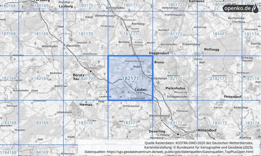 Übersichtskarte des KOSTRA-DWD-2020-Rasterfeldes Nr. 182171