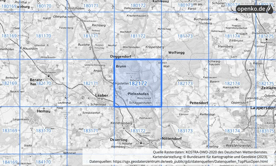 Übersichtskarte des KOSTRA-DWD-2020-Rasterfeldes Nr. 182172