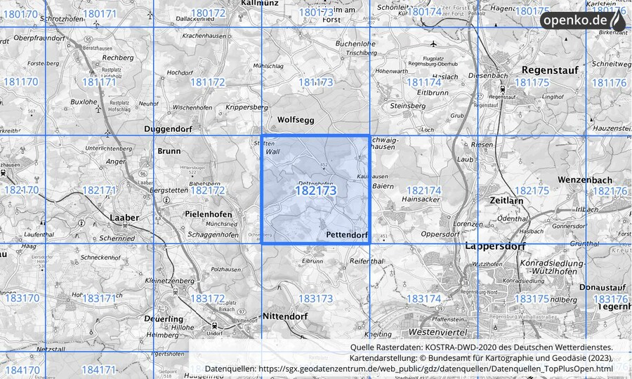 Übersichtskarte des KOSTRA-DWD-2020-Rasterfeldes Nr. 182173