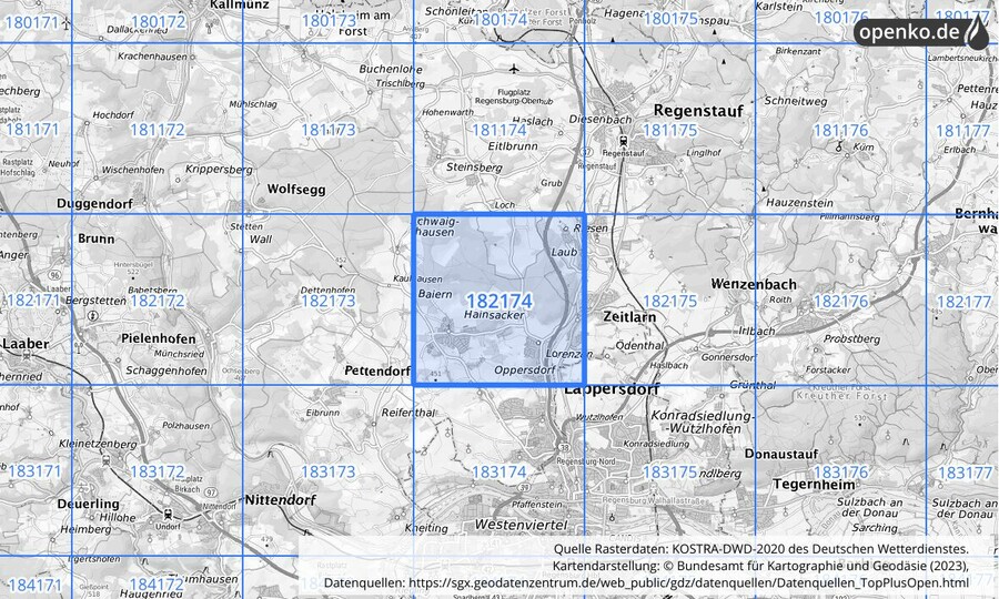 Übersichtskarte des KOSTRA-DWD-2020-Rasterfeldes Nr. 182174