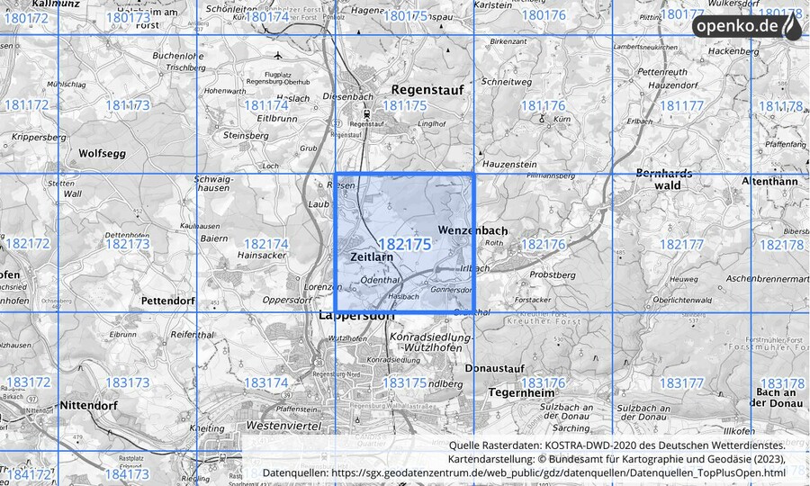 Übersichtskarte des KOSTRA-DWD-2020-Rasterfeldes Nr. 182175