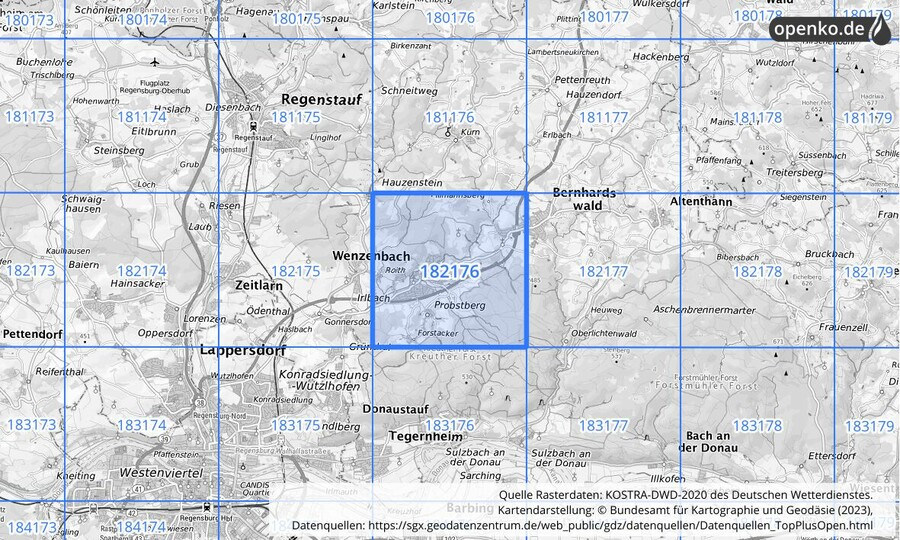 Übersichtskarte des KOSTRA-DWD-2020-Rasterfeldes Nr. 182176