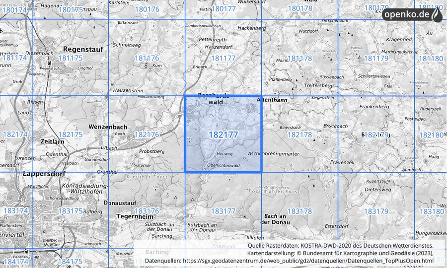 Übersichtskarte des KOSTRA-DWD-2020-Rasterfeldes Nr. 182177