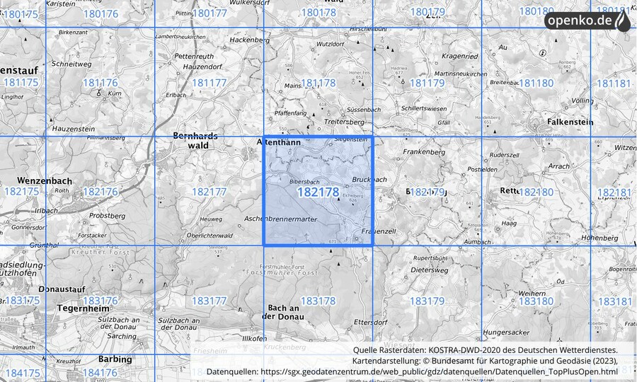 Übersichtskarte des KOSTRA-DWD-2020-Rasterfeldes Nr. 182178