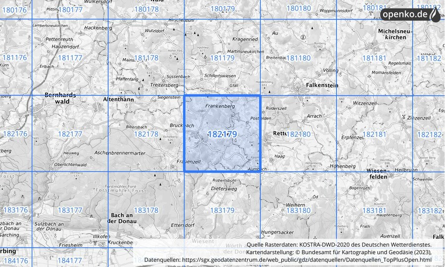 Übersichtskarte des KOSTRA-DWD-2020-Rasterfeldes Nr. 182179