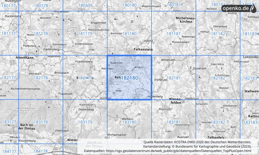 Übersichtskarte des KOSTRA-DWD-2020-Rasterfeldes Nr. 182180