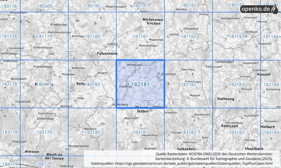 Übersichtskarte des KOSTRA-DWD-2020-Rasterfeldes Nr. 182181