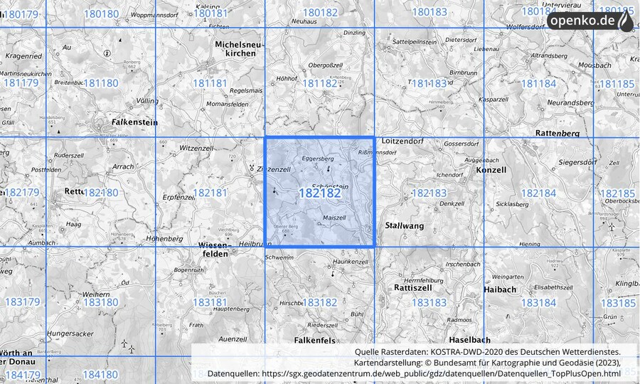 Übersichtskarte des KOSTRA-DWD-2020-Rasterfeldes Nr. 182182