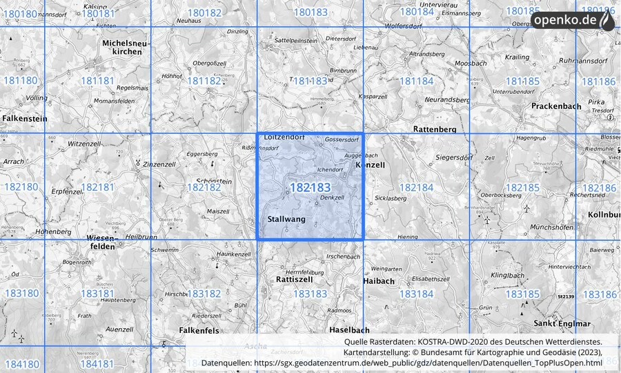 Übersichtskarte des KOSTRA-DWD-2020-Rasterfeldes Nr. 182183