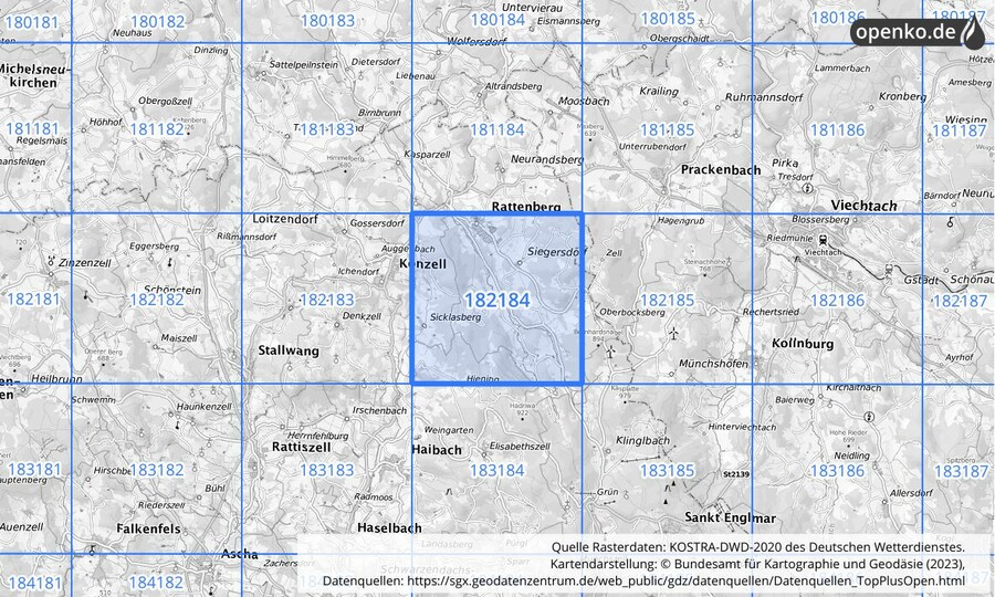 Übersichtskarte des KOSTRA-DWD-2020-Rasterfeldes Nr. 182184