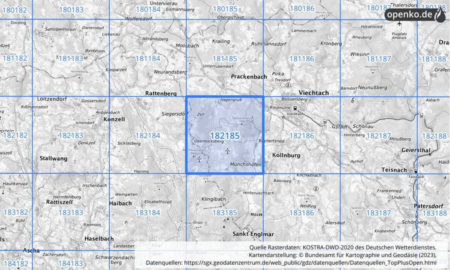 Übersichtskarte des KOSTRA-DWD-2020-Rasterfeldes Nr. 182185