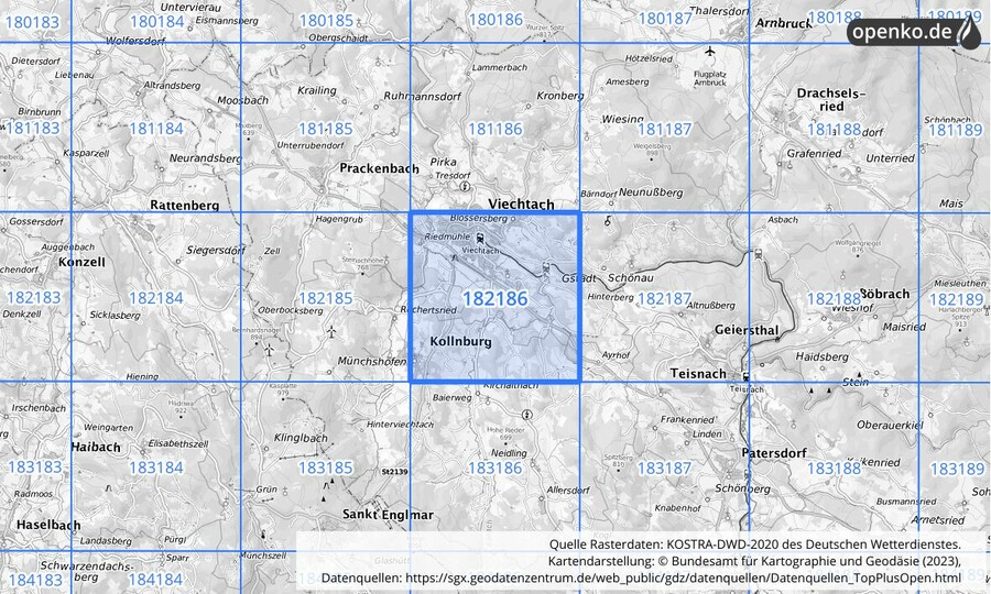 Übersichtskarte des KOSTRA-DWD-2020-Rasterfeldes Nr. 182186