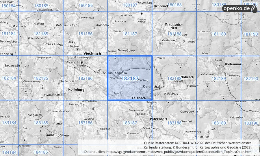 Übersichtskarte des KOSTRA-DWD-2020-Rasterfeldes Nr. 182187