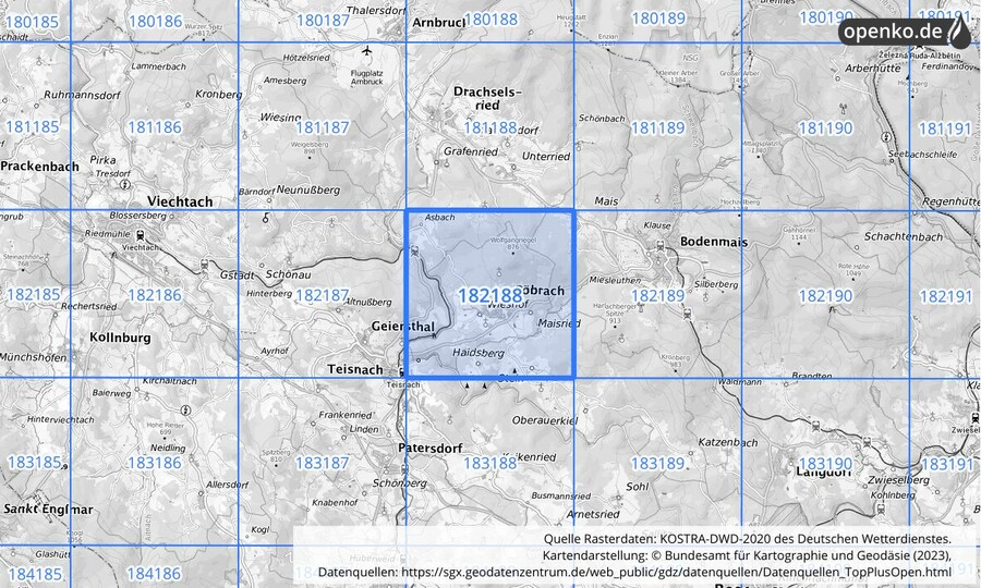 Übersichtskarte des KOSTRA-DWD-2020-Rasterfeldes Nr. 182188