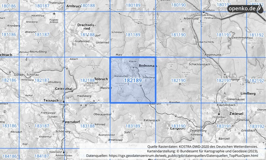 Übersichtskarte des KOSTRA-DWD-2020-Rasterfeldes Nr. 182189