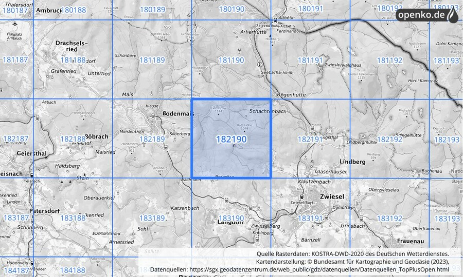 Übersichtskarte des KOSTRA-DWD-2020-Rasterfeldes Nr. 182190