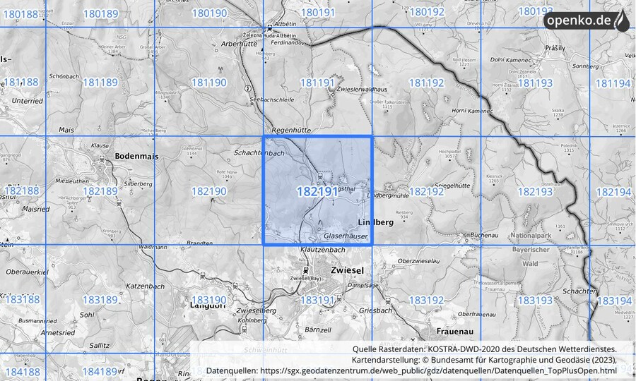 Übersichtskarte des KOSTRA-DWD-2020-Rasterfeldes Nr. 182191