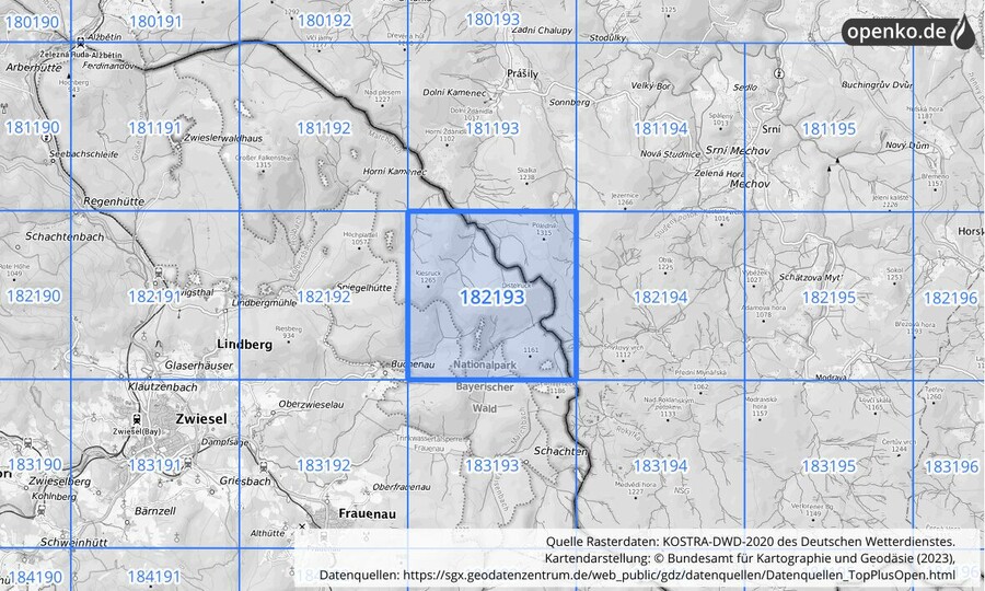 Übersichtskarte des KOSTRA-DWD-2020-Rasterfeldes Nr. 182193