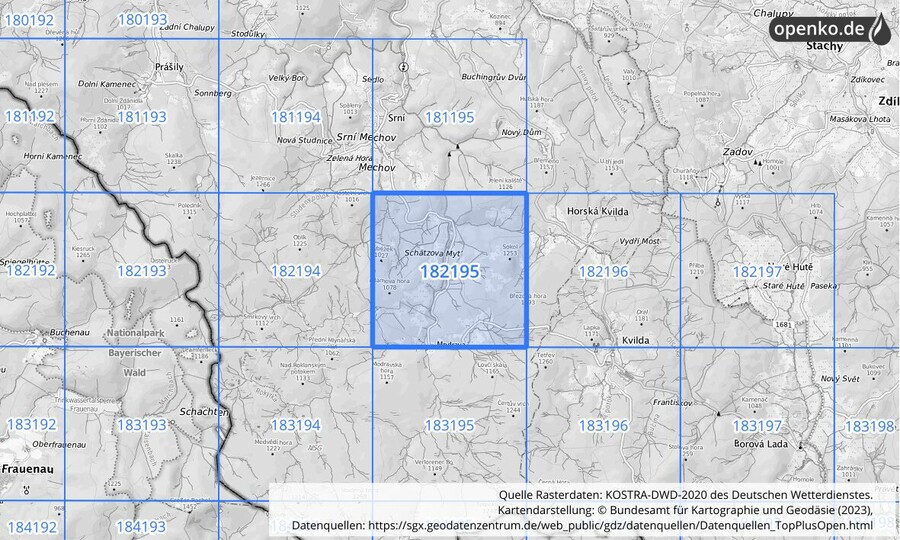 Übersichtskarte des KOSTRA-DWD-2020-Rasterfeldes Nr. 182195