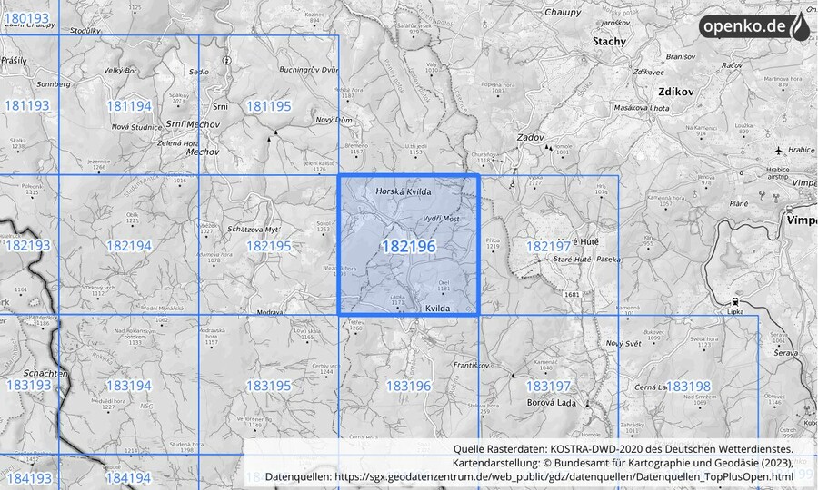 Übersichtskarte des KOSTRA-DWD-2020-Rasterfeldes Nr. 182196