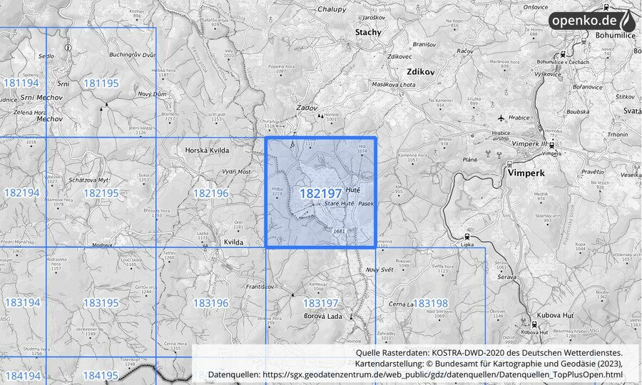 Übersichtskarte des KOSTRA-DWD-2020-Rasterfeldes Nr. 182197