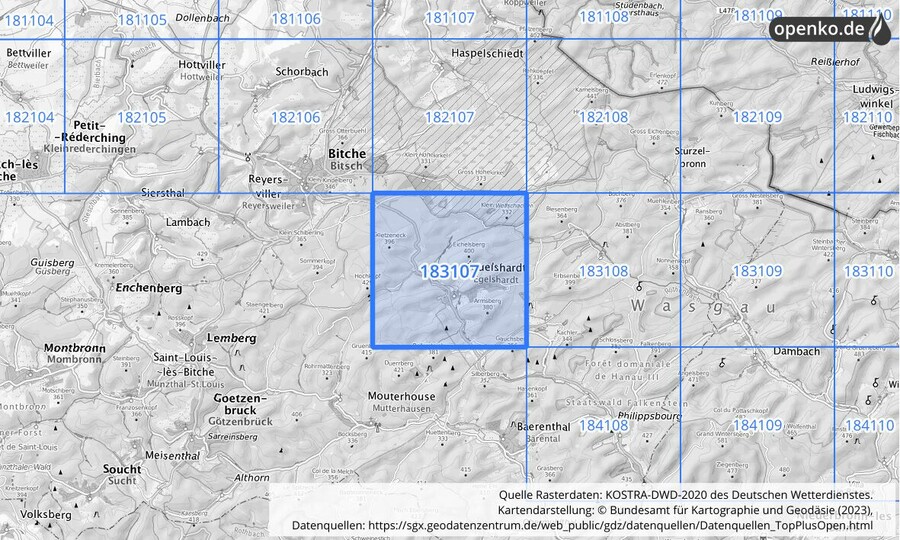 Übersichtskarte des KOSTRA-DWD-2020-Rasterfeldes Nr. 183107