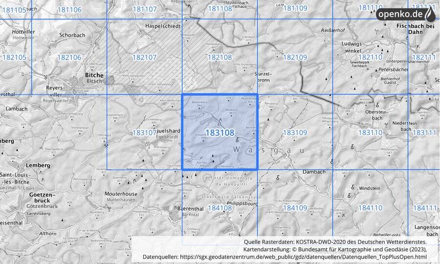 Übersichtskarte des KOSTRA-DWD-2020-Rasterfeldes Nr. 183108